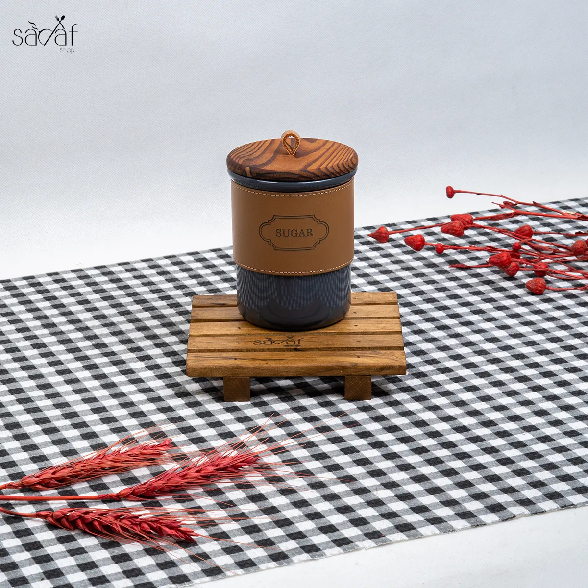 79_19_11zon بانکه فلزی دور چرمی طوسی درب چوبی (یک عددی) - تصویر 1