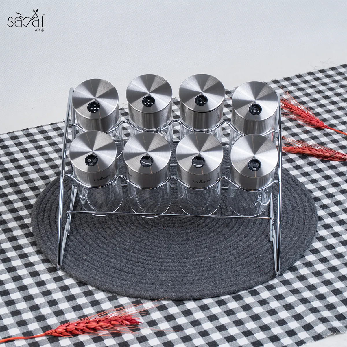 173_42_11zon ست ادویه استند دار استیل شیشه یونیک (8 عددی) - تصویر 1