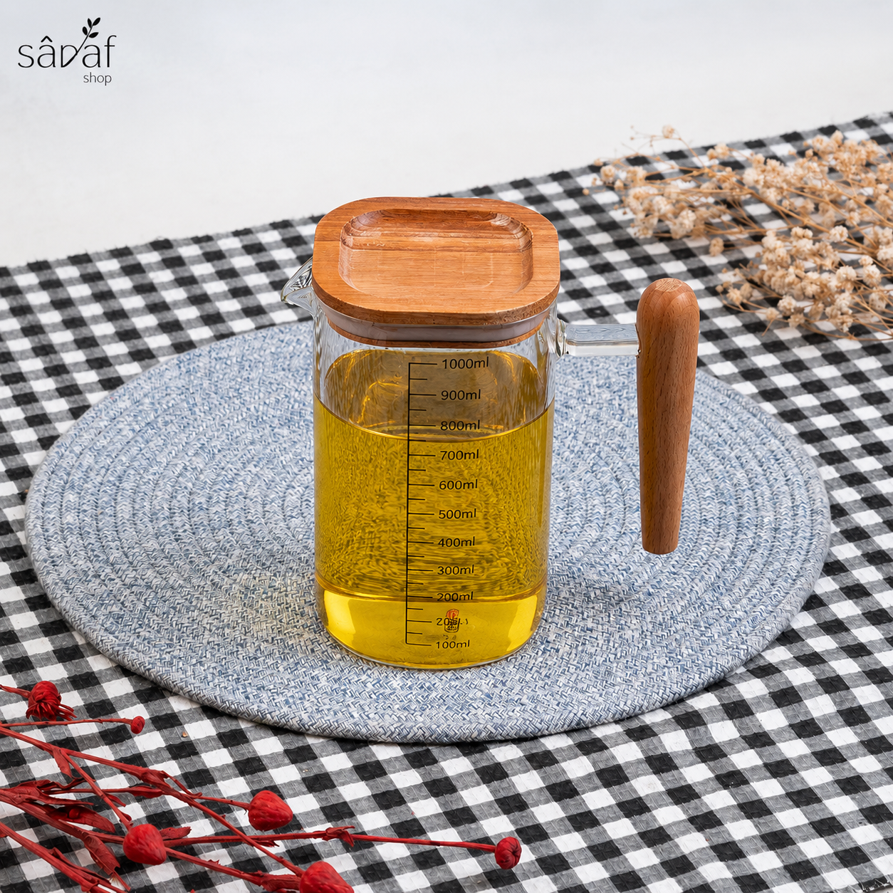 58FF6F43-DA69-4CDF-8898-03CC5C87B7EC ظرف روغن مربع پارچی 1000 سی سی پیرکس مدرج آیرکس - تصویر 1