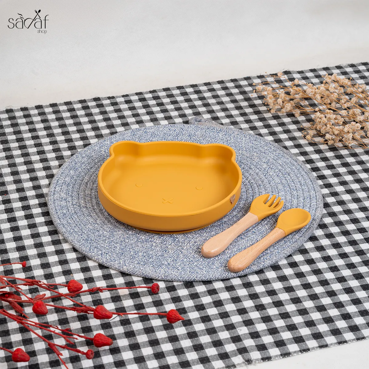 33_33_11zon ظرف غذا کودک سیلیکونی ماکروویو + یک جفت قاشق و چنگال بامبو (ست سه عددی) - تصویر 1